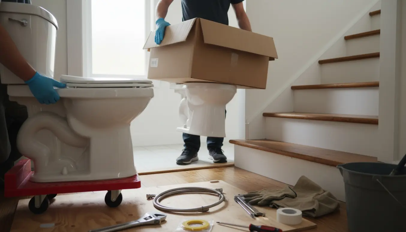 Et nyt toilet bæres op ad en trappe mod et lyst 1. sal-badeværelse, mens det gamle toilet er klar til fjernelse.