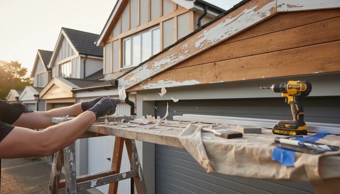 Renovering af træværk på rækkehusgavel med håndskrabning af gammel maling og alu-lister klar til montering.