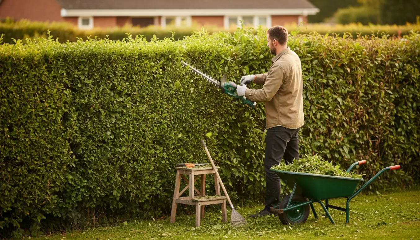 En haveejer klipper hækkens side og top frihånd og rydder afklip op i en skovl.