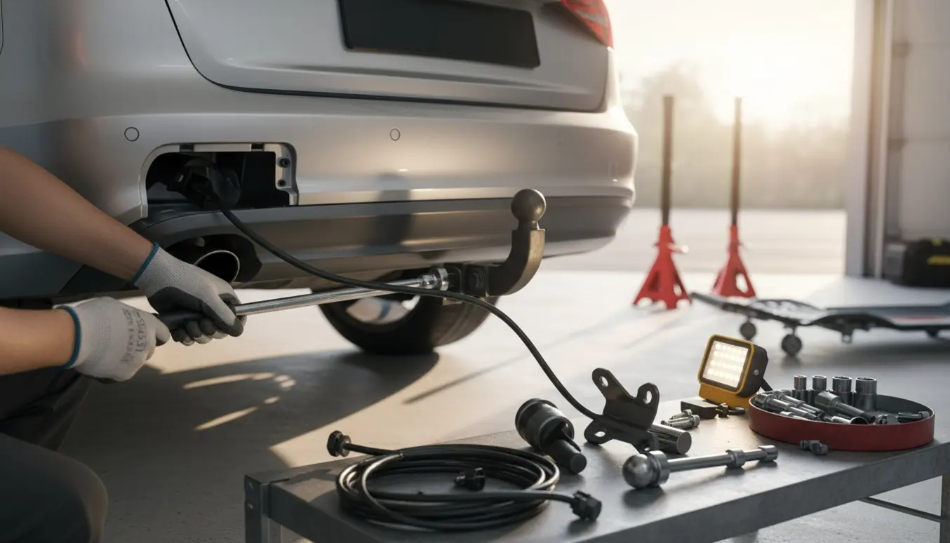 Mekaniker monterer anhængertræk under bagenden af en stationcar i en garage med værktøj og dele organiseret ved siden af.