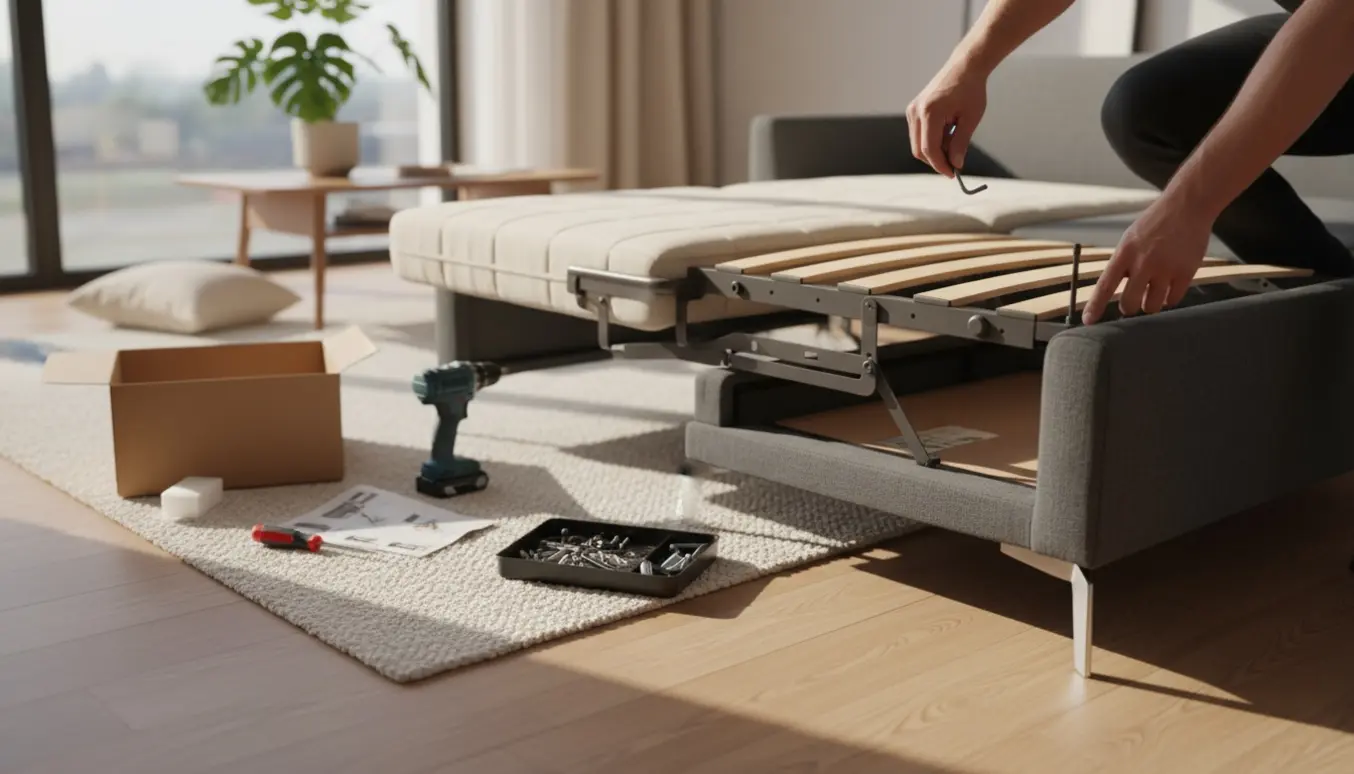 Hænder monterer et ben på en sovesofa i en lys, ryddelig stue med værktøj ved siden af.