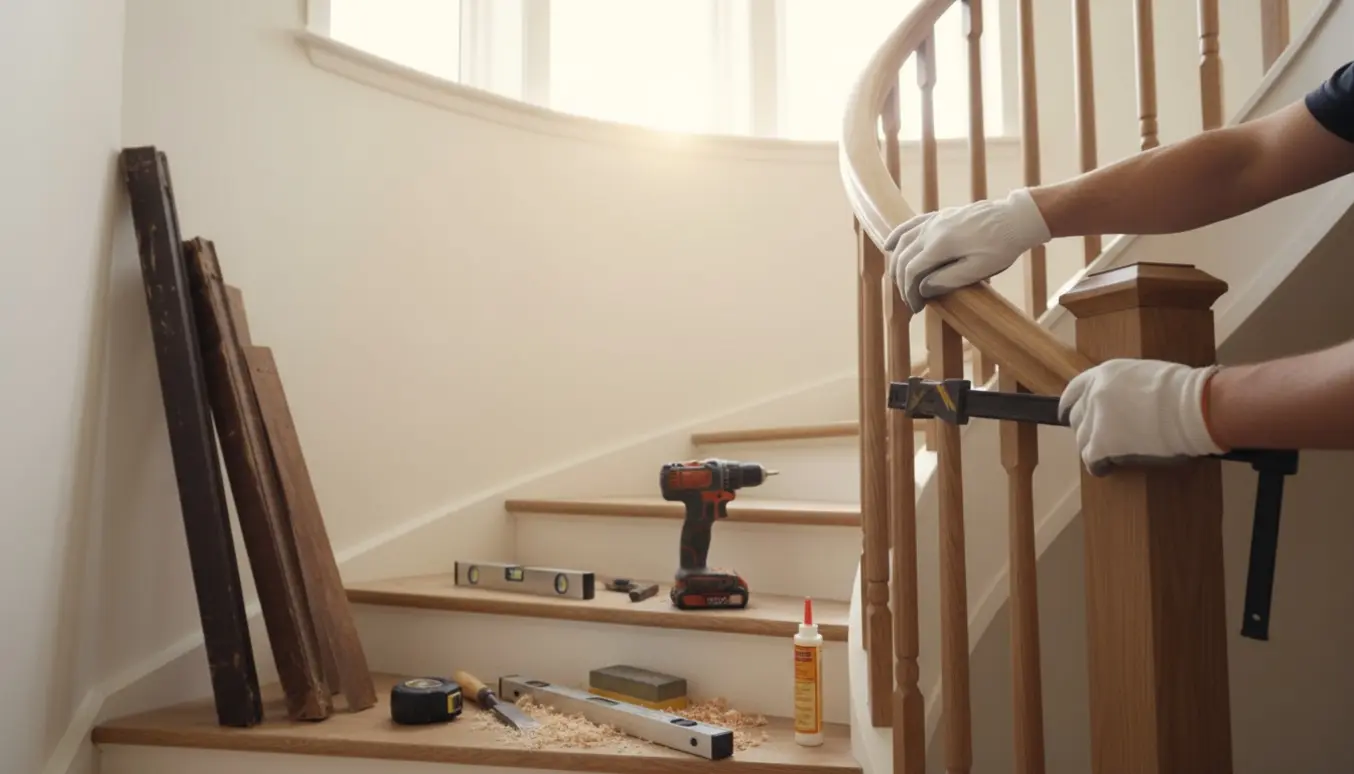 Nærbillede af montering af klassisk trægelænder på en indvendig helsving trappe med værktøj og træspåner.