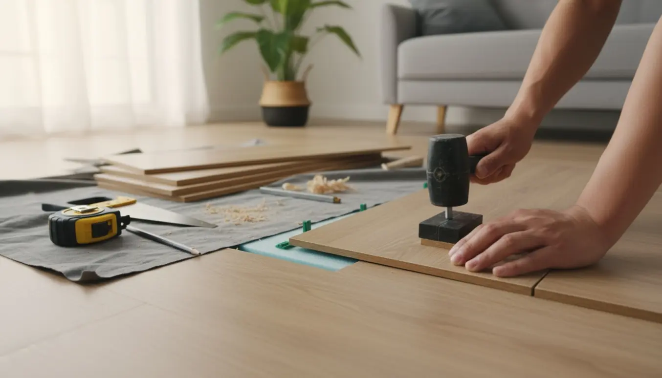 Hænder lægger laminatgulv med slagnblok og afstandsklodser i et lyst rum.