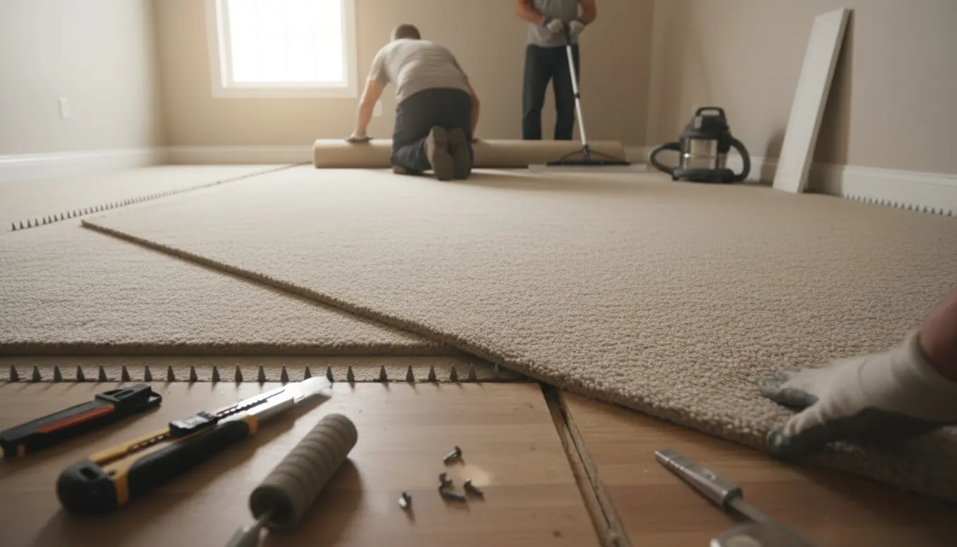 Installatør ruller og strækker et væg‑til‑væg tæppe i et lyst værelse med værktøj og polstring.