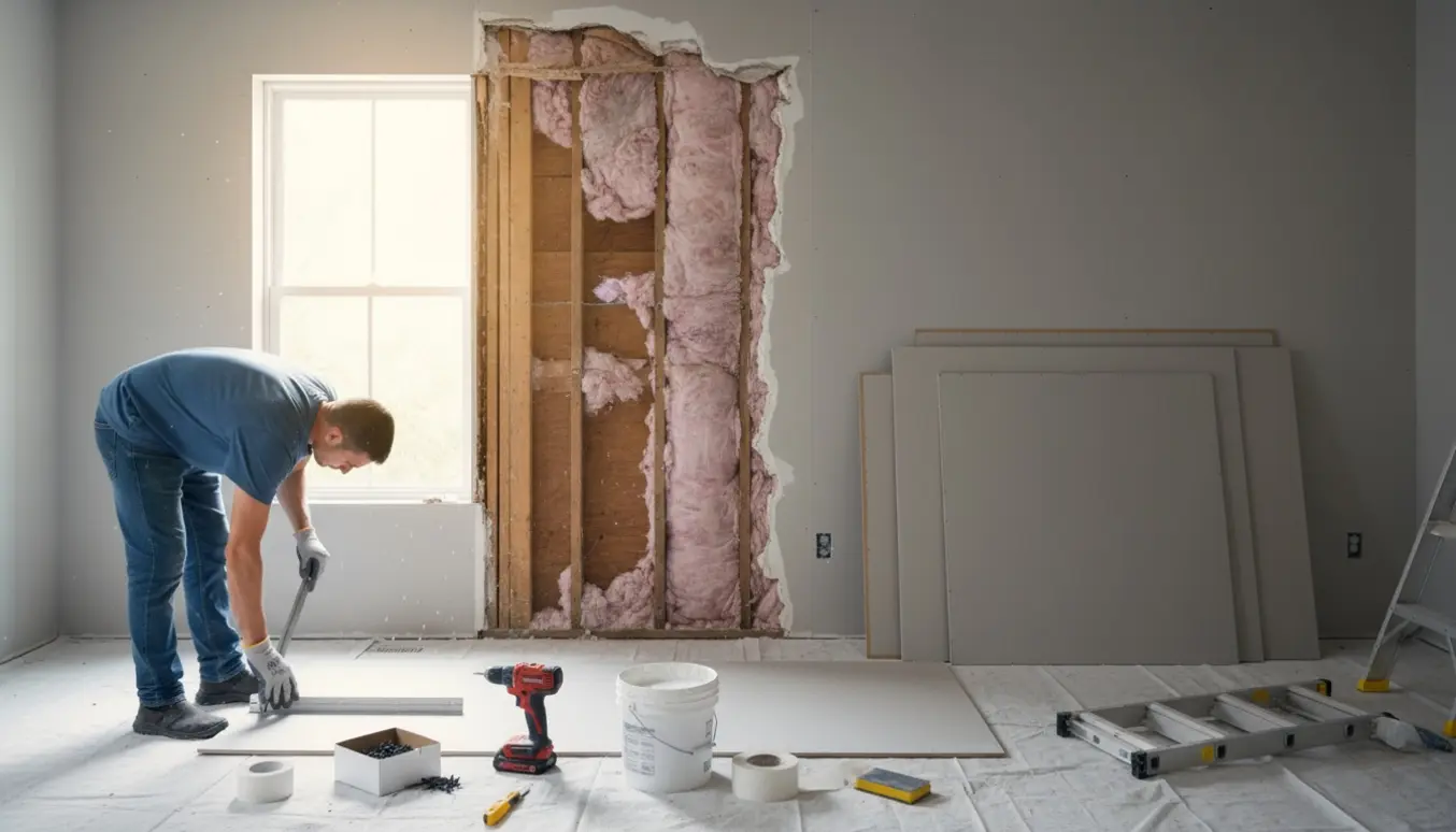 Hænder forbereder og måler nye gipsplader i et rum med eksisterende væg og synlige stendere.