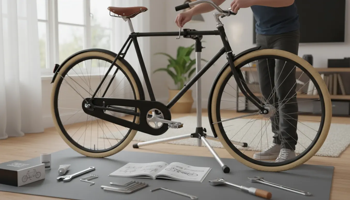 Delvist samlet sort bycykel på et arbejdsunderlag med værktøj og manual, klar til montering.