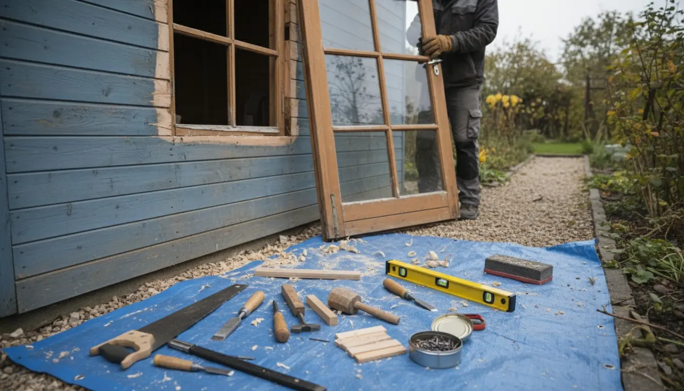 Montage af en dobbelt terrassedør i et kolonihavehus med værktøj og handsker, uden ansigter.