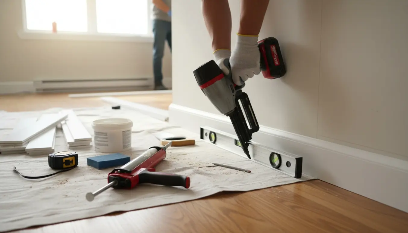 Installation af hvide MDF-paneler langs en lejlighedsvæg med værktøj og arbejdshænder i fokus.