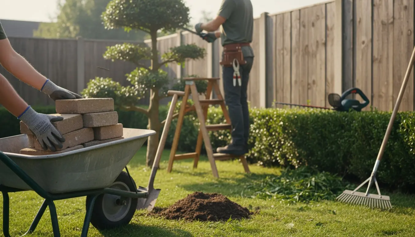 Havearbejde med beskæring af træ, hækklipning og flytning af fliser i en solrig baghave.