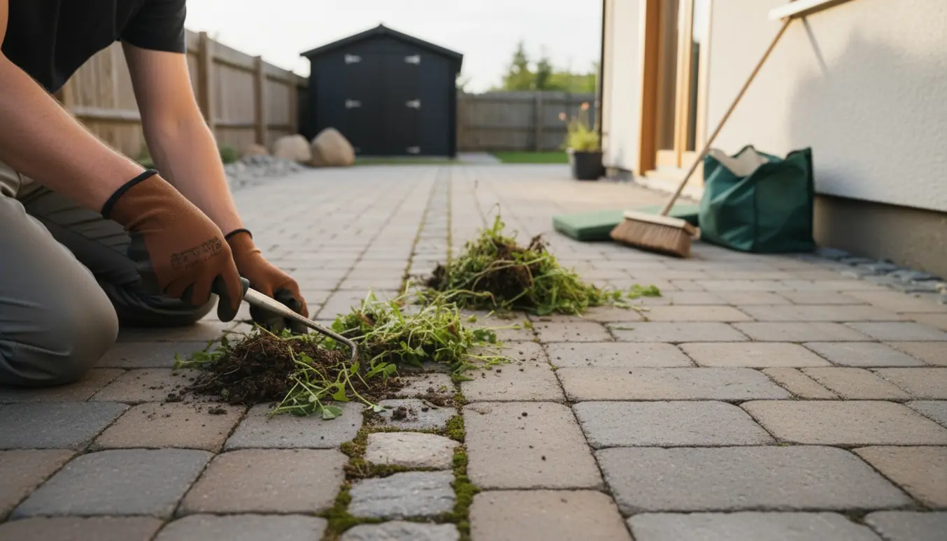 Nærbillede af fjernelse af ukrudt mellem fliser og brosten ved indkørsel med haveredskaber og et sort skur i baggrunden.