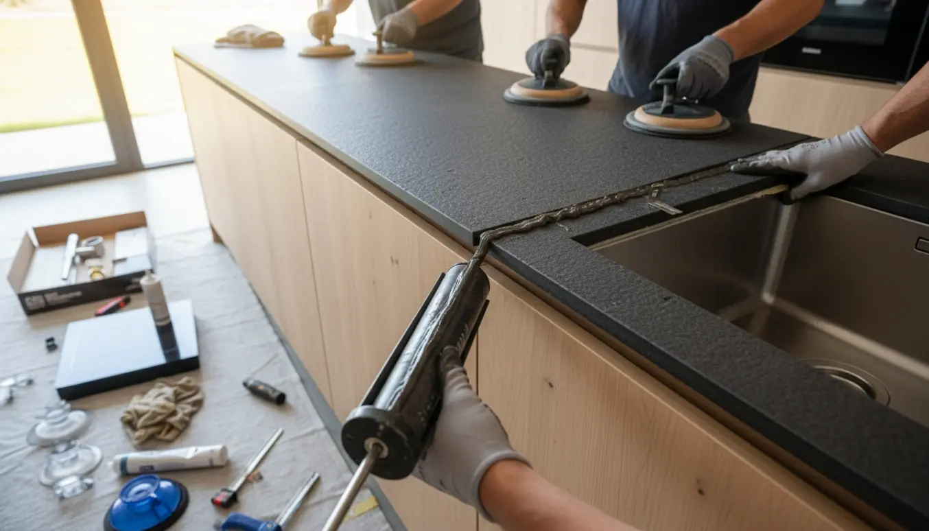 Lyst køkken under renovering med to lavastensbordplader, tæt billede af fugning og montering af underlimet vask.