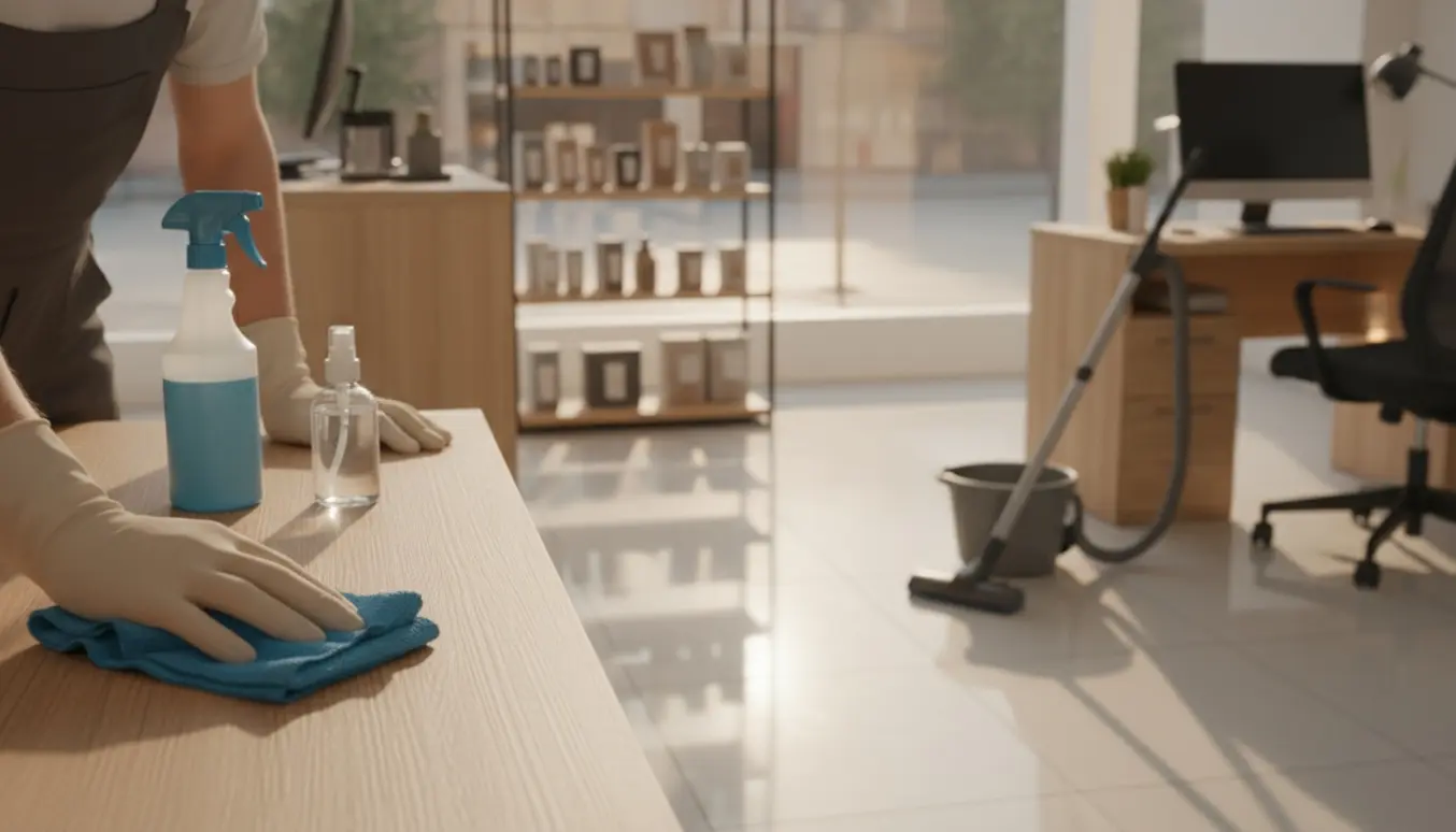 Rengøringsperson tørrer et skrivebord af i en ryddet butik og kontor med moppe og spand i baggrunden.