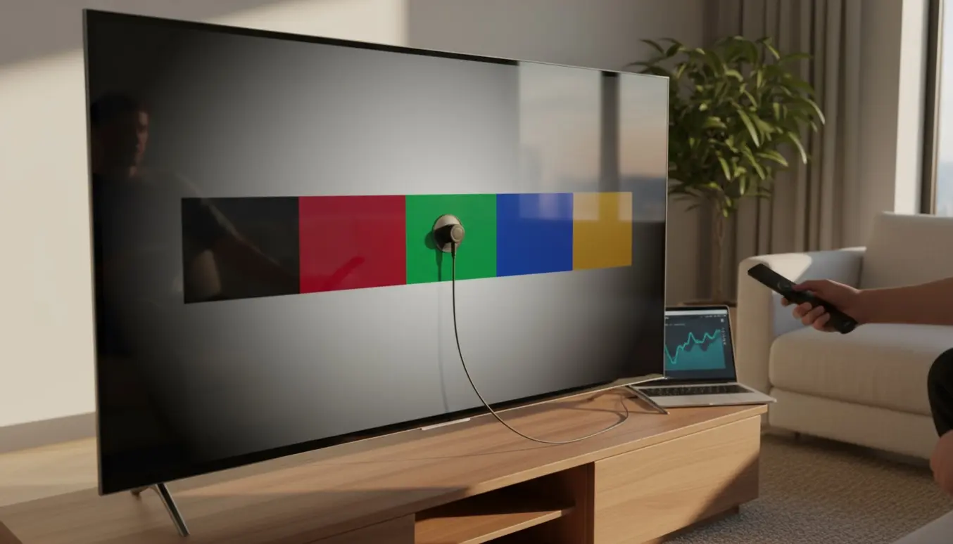 Opsætning og kalibrering af en stor OLED-tv med farvekalibrator på skærmen og hænder, der holder en fjernbetjening.