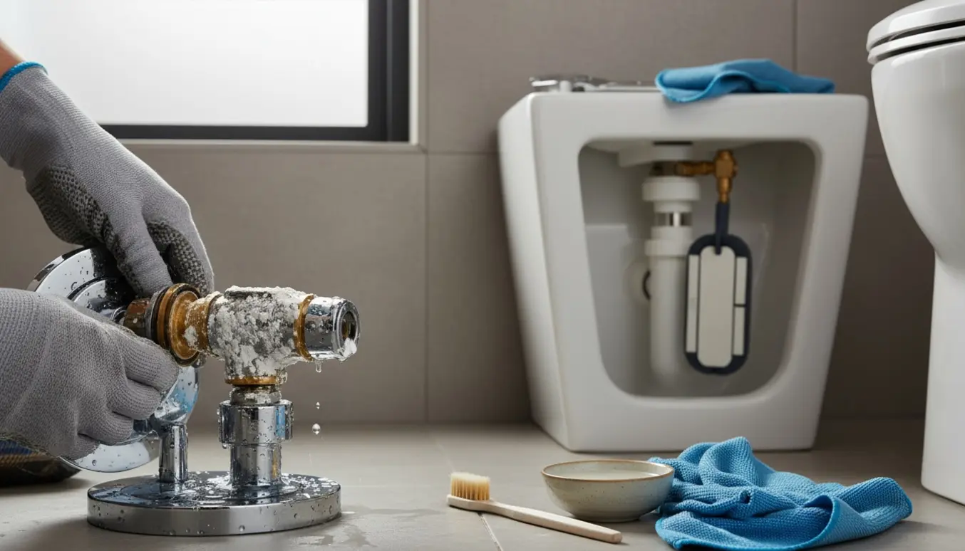 Handskerede hænder renser en kalket brusetermostat og en indløbsventil i en åben toiletcisterne.
