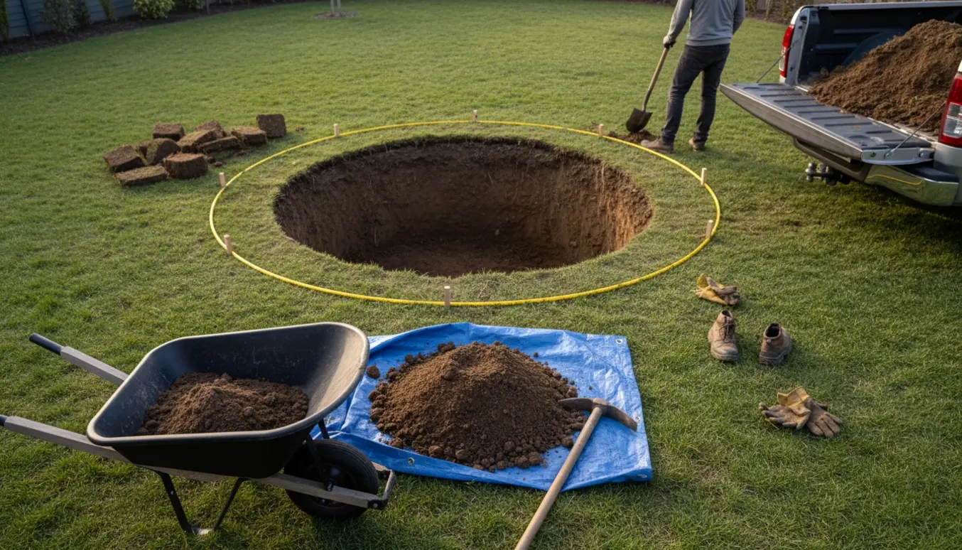 Udgravning til indbygget trampolin i baghaven med skovl, trillebør og jord klar til bortkørsel.