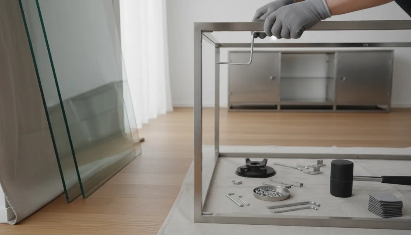 Hænder samler en metal- og glasvitrine og skænk på trægulv med værktøj ved siden af.