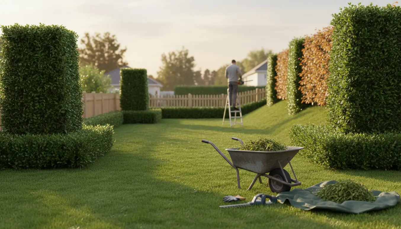 Beskæring af liguster- og bøgehække langs en græsplæne med værktøj og en halvt fyldt trillebør.