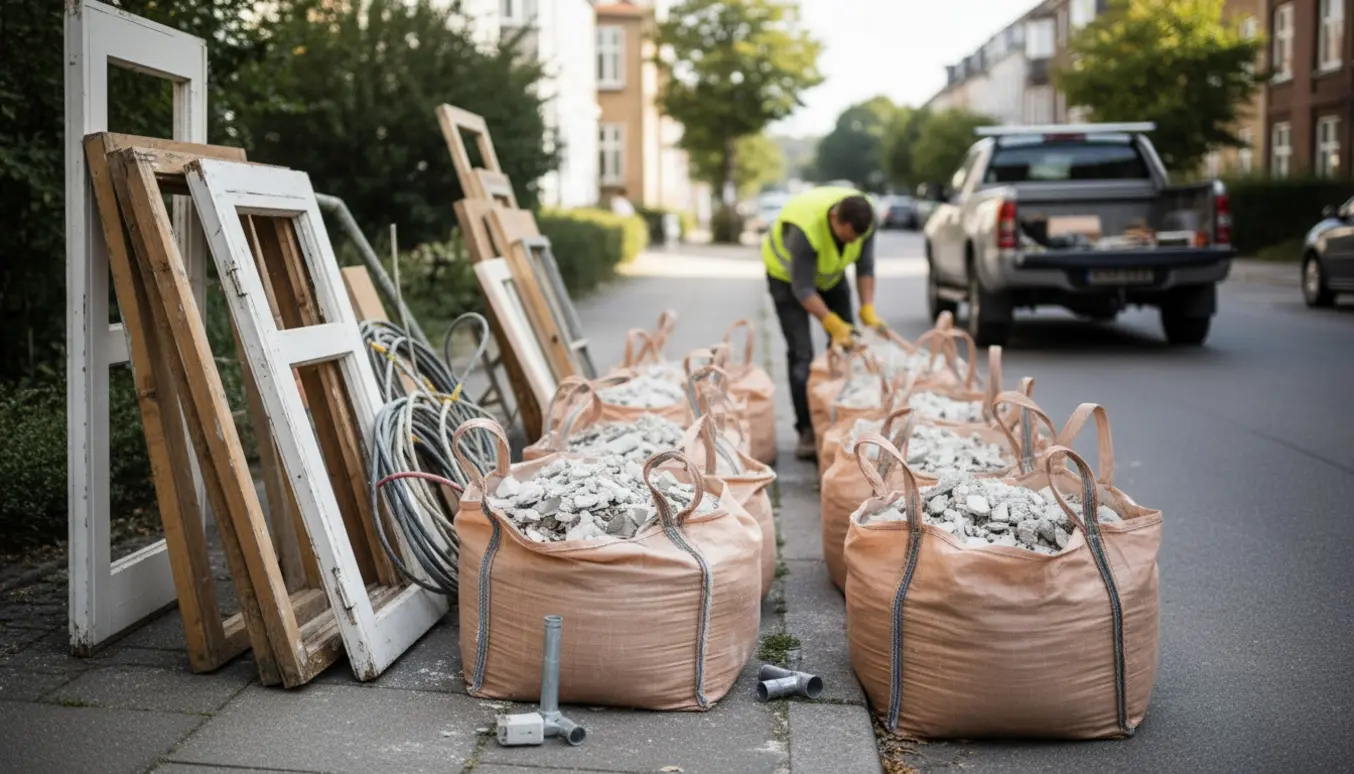 Store byggeaffaldsposer med gips, træ, el-kabler og metal ved fortovet i Frederiksberg, klar til afhentning.