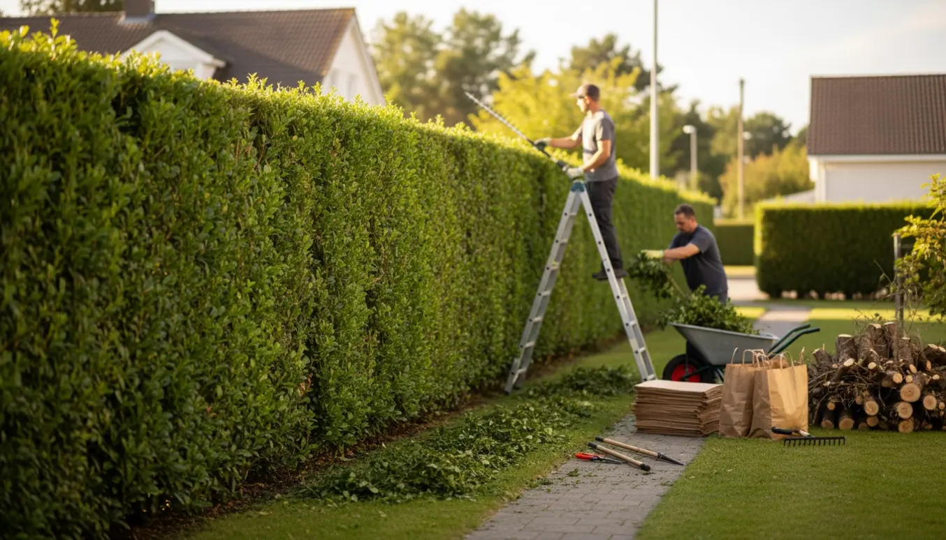 Havearbejder trimmer en høj hæk på en stige, mens afklip samles i trillebør og i poser til fjernelse.