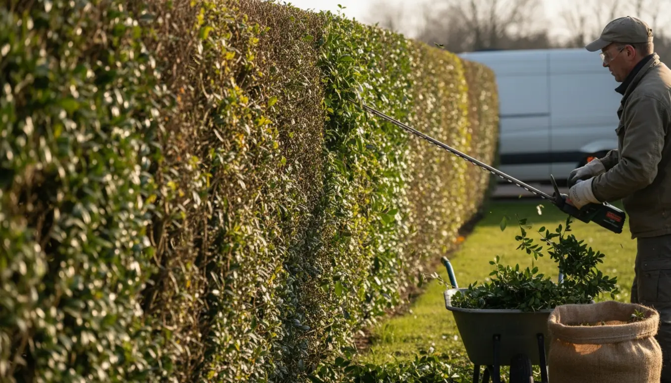 En handymand trimmer en bred ligusterhæk på cirka 2 meters højde, mens afklip samles i en trillebør.