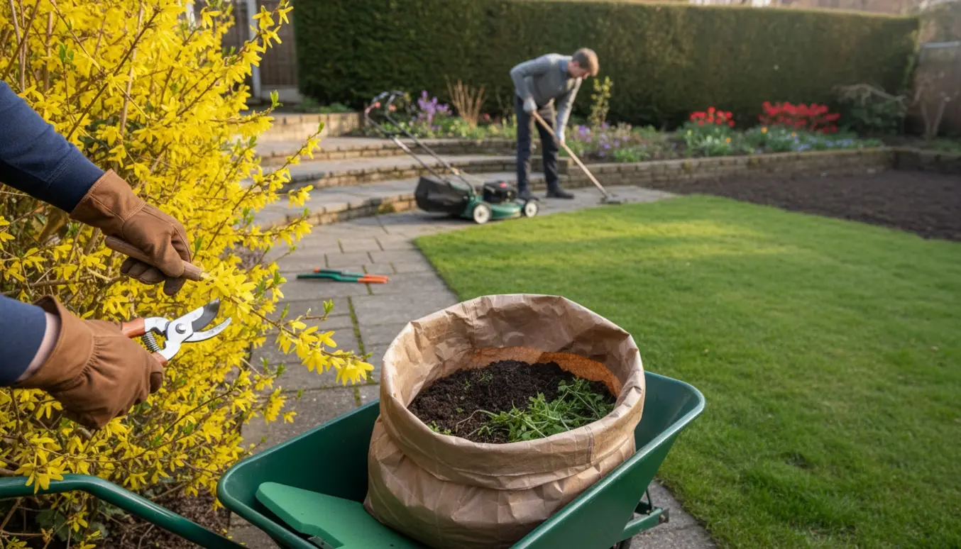 Beskæring af forsythia, fjernelse af ukrudt mellem fliser og opsamling af haveaffald i en skubbevogn.
