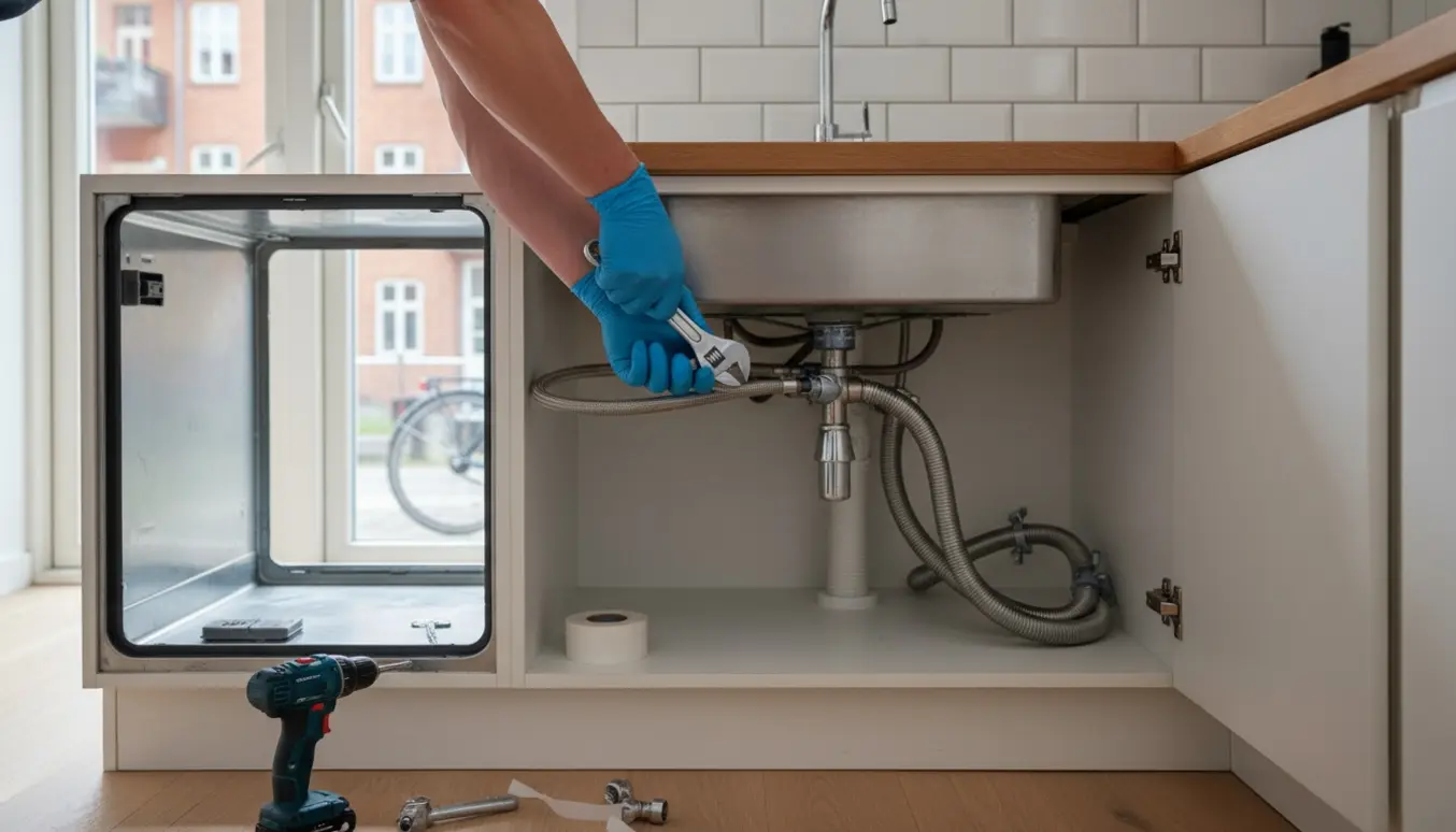 Hænder monterer opvaskemaskinens vandtilslutning under en køkkenvask i en lys lejlighed på Nørrebro.