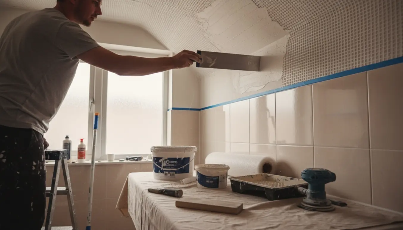 Håndværker spartler og sætter væv på loft og vægge i et lille badeværelse.