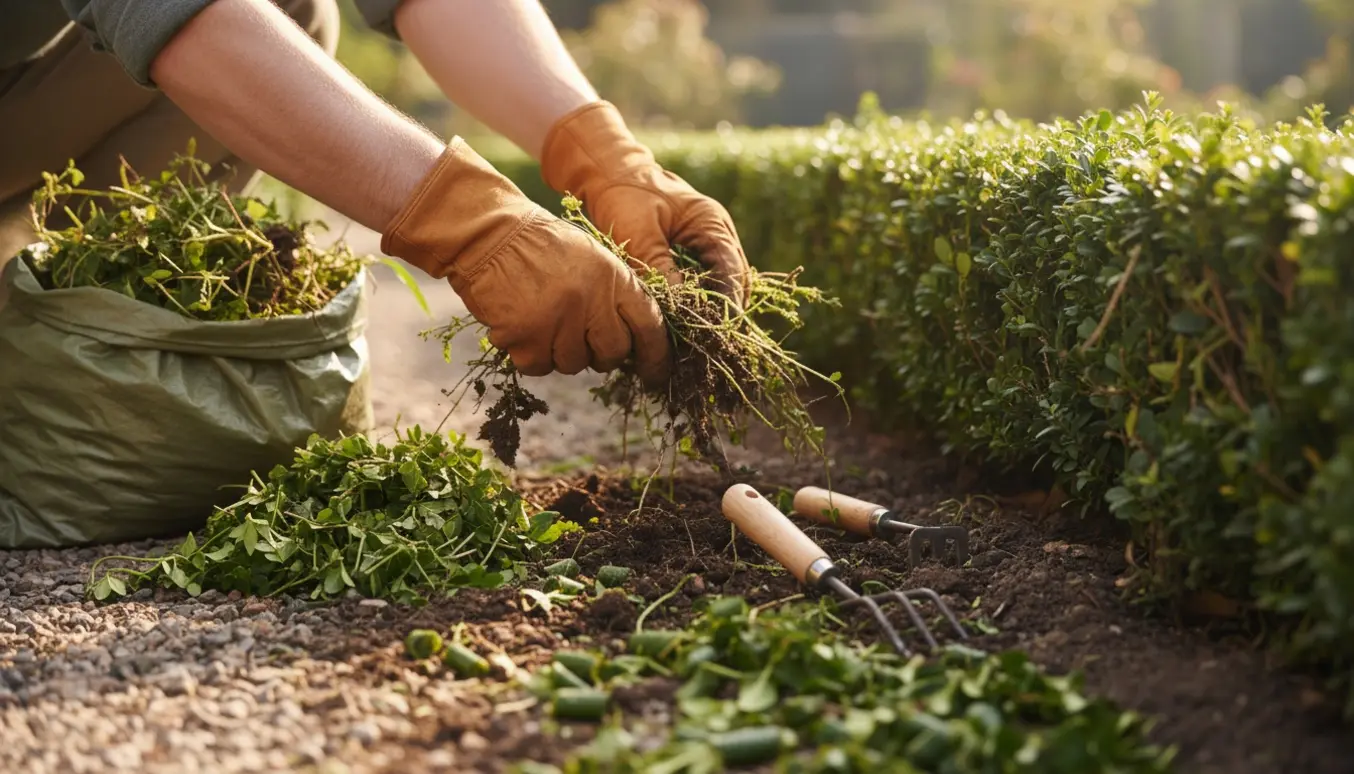 Handske­klædte hænder fjerner ukrudt ved bunden af en nyklippet hæk.