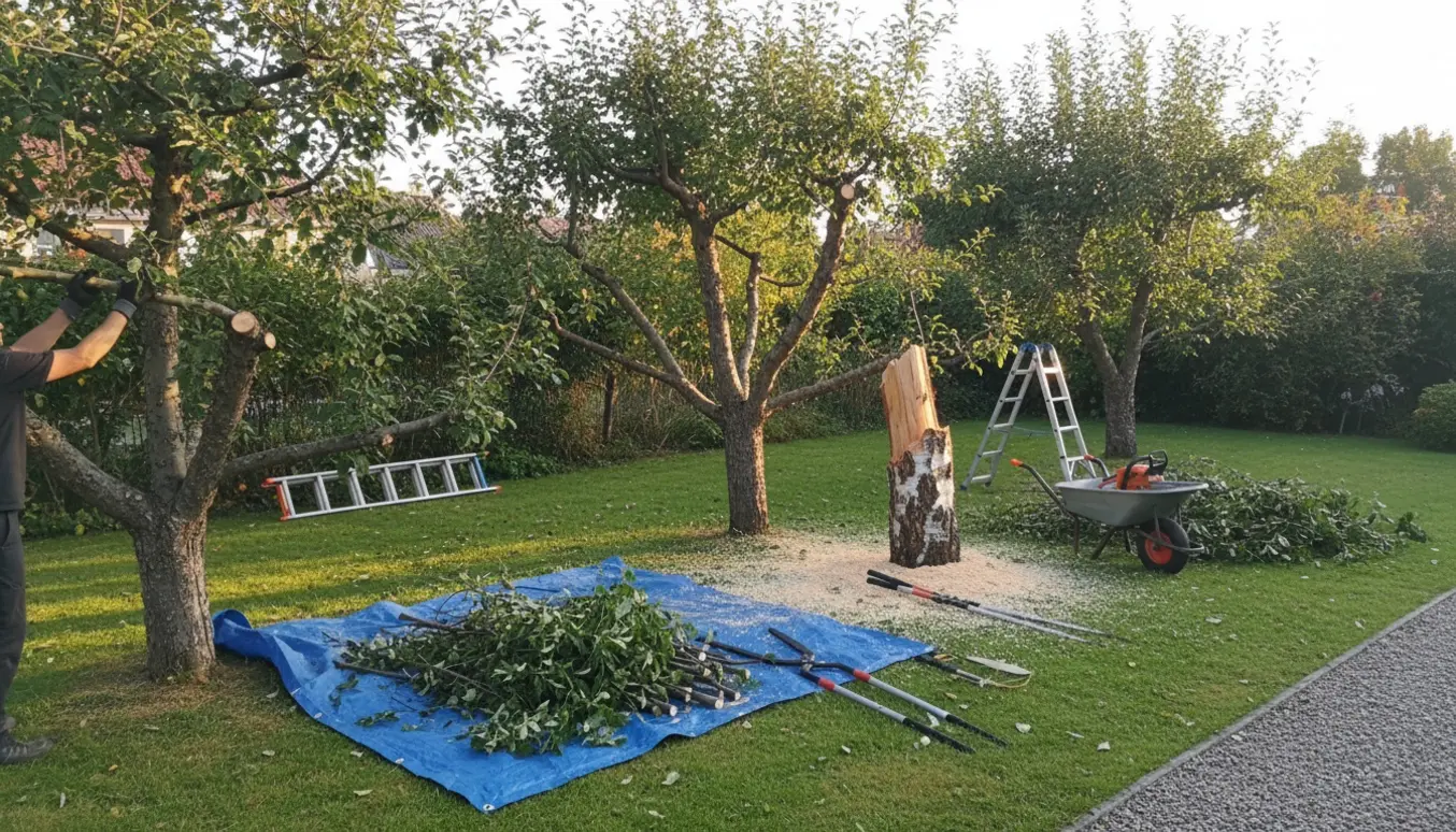Tre kraftigt beskårne æbletræer og et delvist fældet birketræ med bunker af grene og haveredskaber i haven.