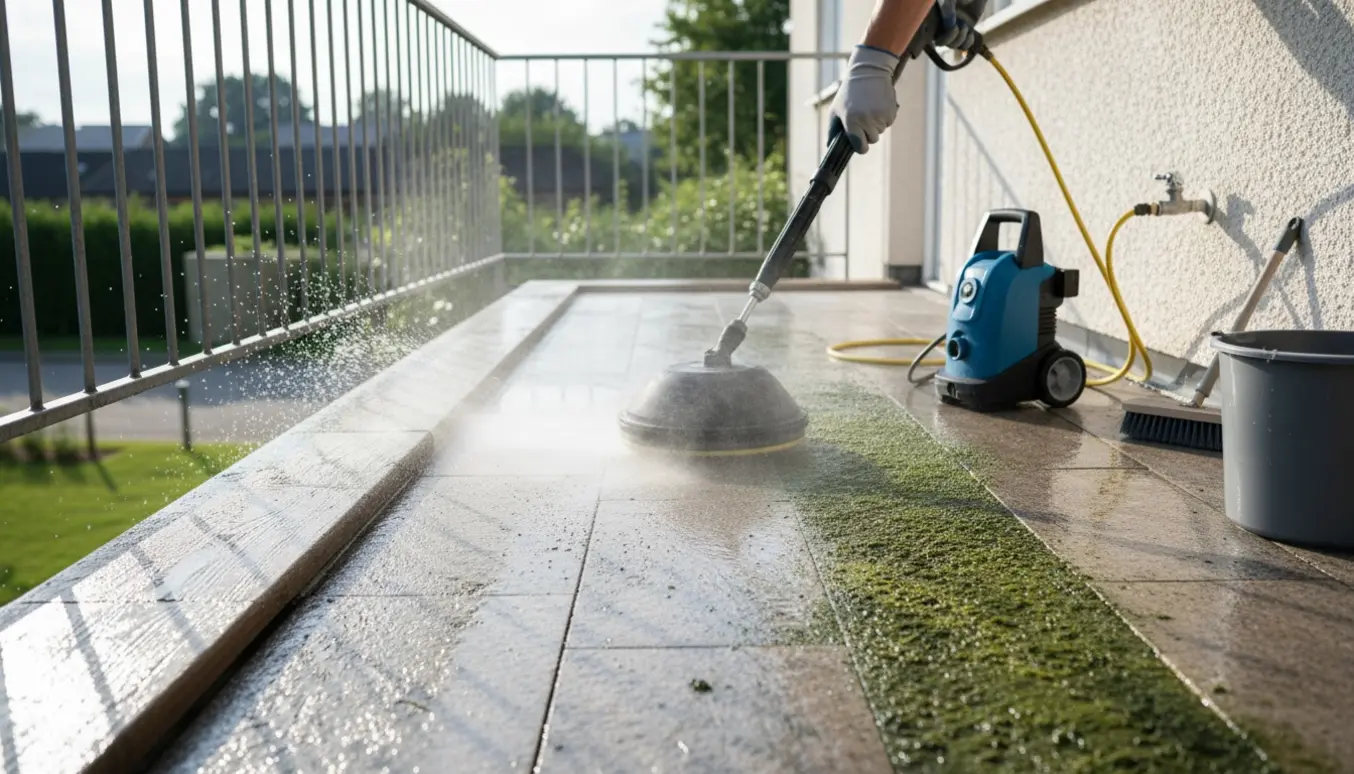 Hænder med handsker bruger højtryksrenser til at fjerne alger fra en 1. sals terrasse med tydelig forskel mellem rene og algebelagte fliser.