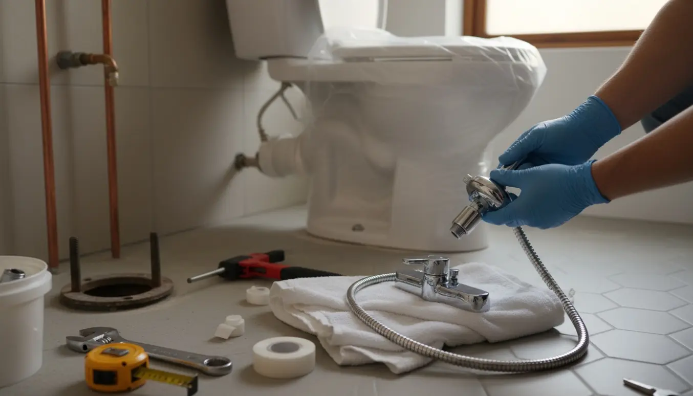 Småt by-badeværelse under udskiftning af toilet og brusearmatur med værktøj og nye armaturdele på fliserne.