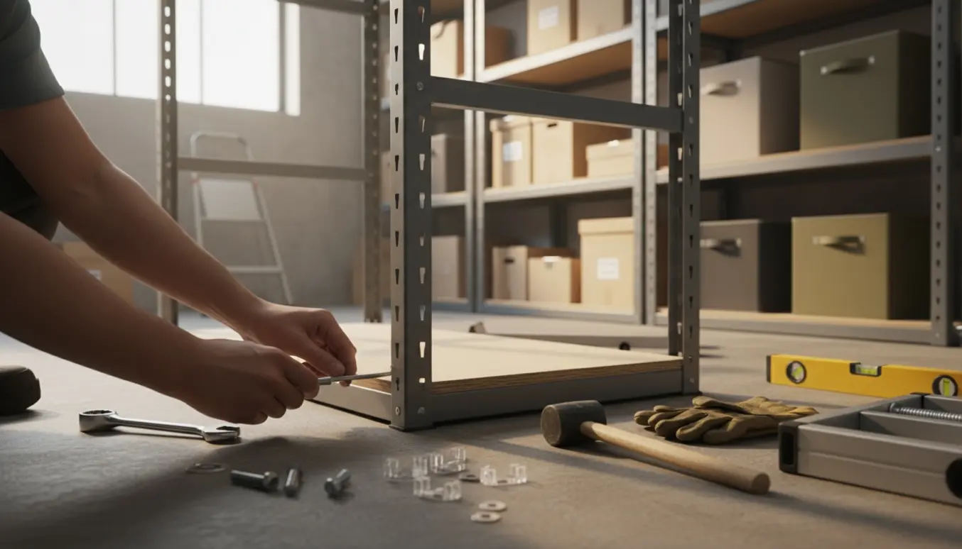 To 2 m Bosse-hyldesystemer under samling i et værksted, hænder spænder bolte på en hylde.