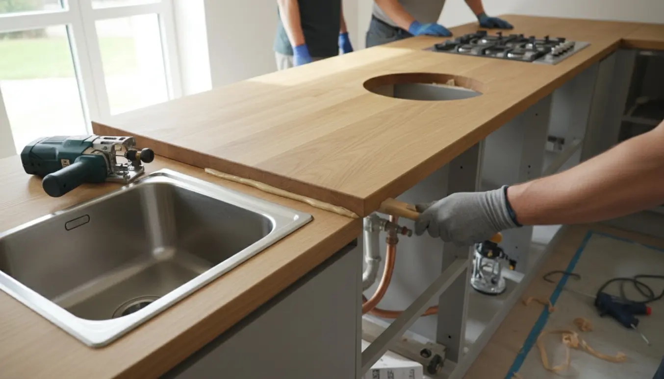 Massiv egetræsbordplade under montering i et moderne køkken med tilskæringer til vask og gaskogeplade.