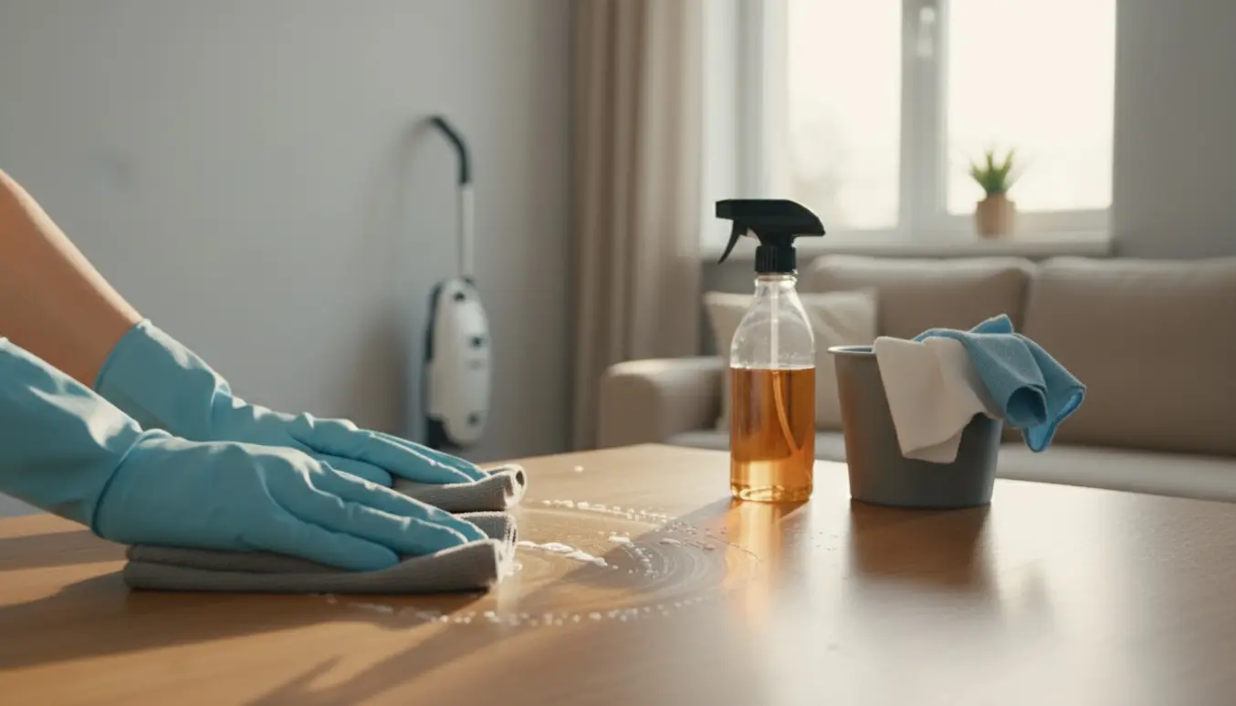 Handskerklædte hænder tørrer et køkkenbord af med en mikrofiberklud i et lyst, ryddeligt hjem.