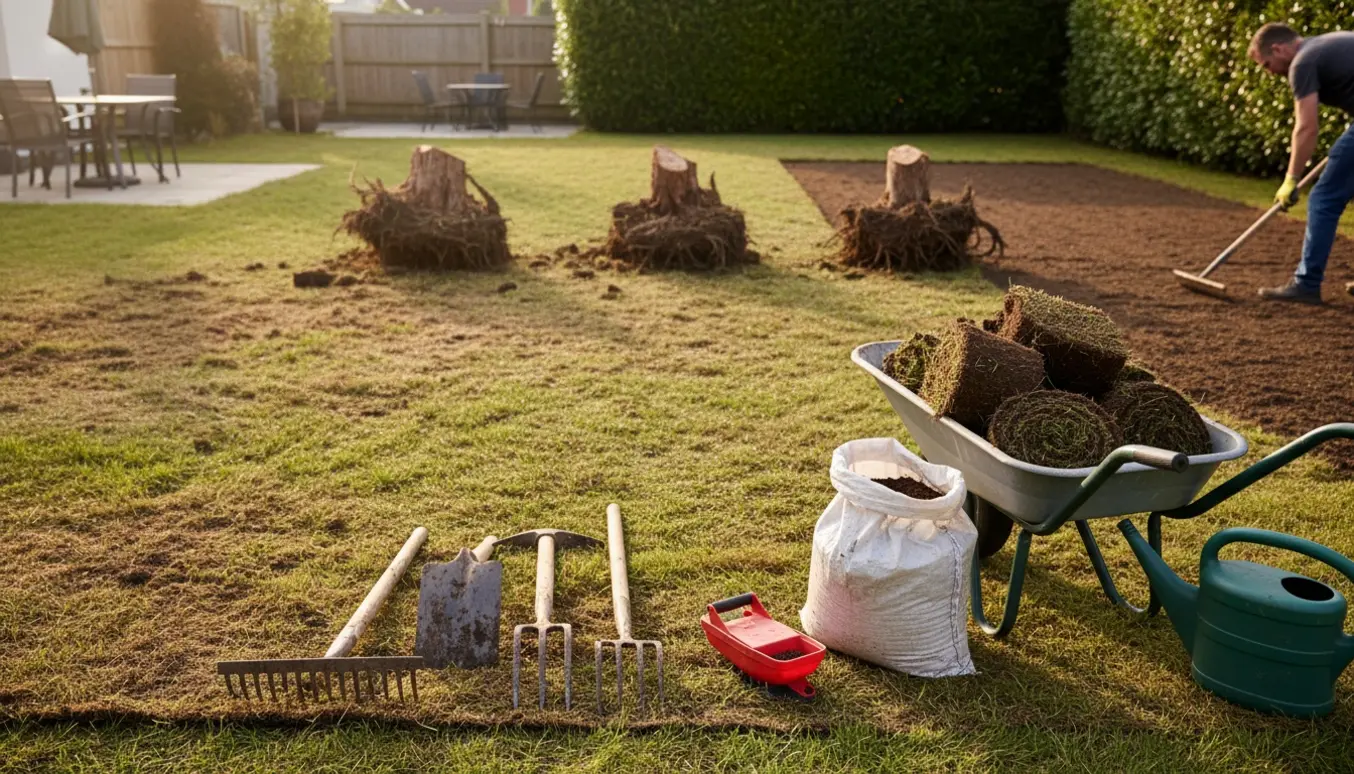 Gammel græsplæne er gravet op og buske fjernet, nyt jord og græsfrø forberedes med haveredskaber.