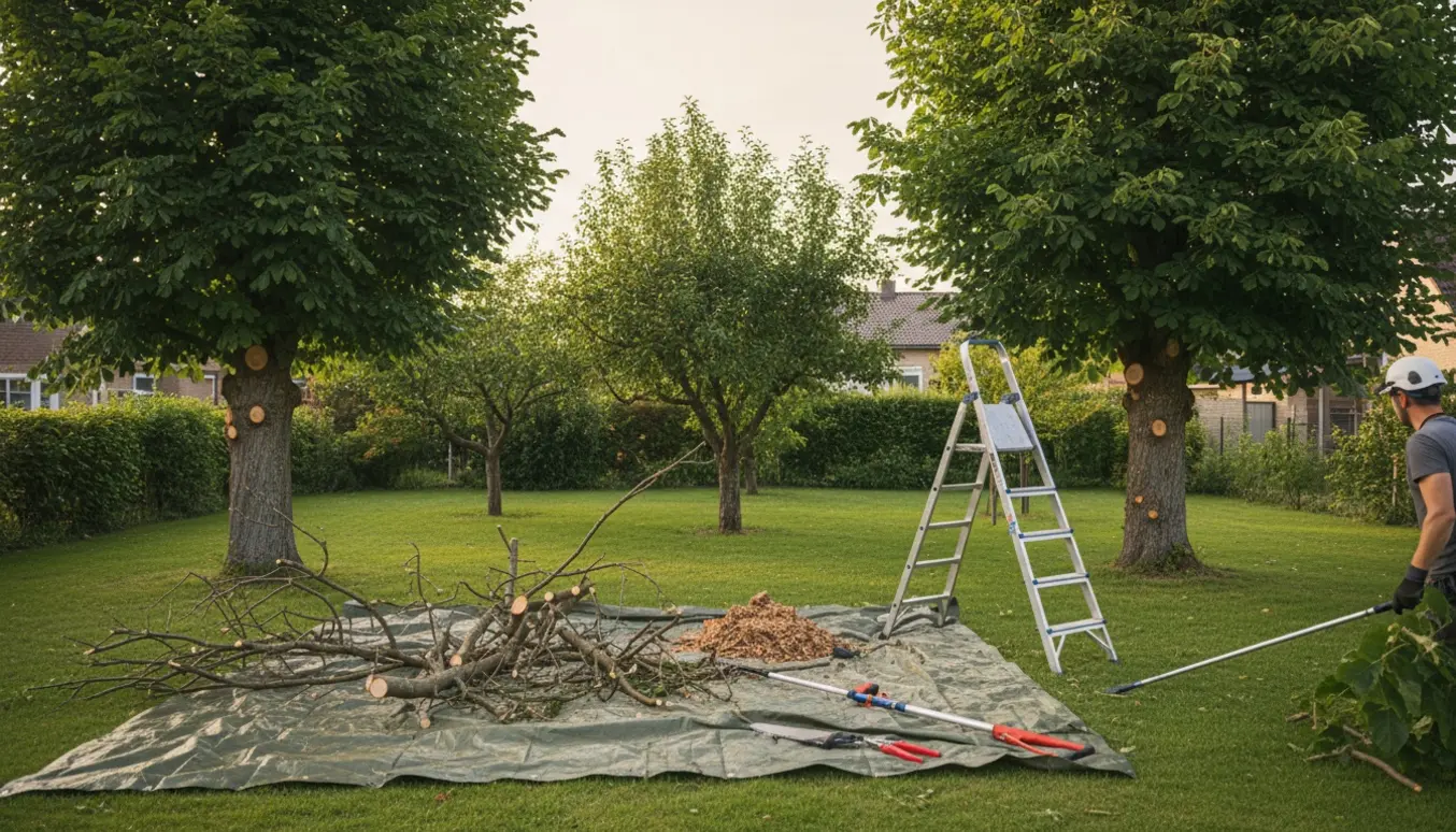 Stige, redskaber og beskårne grene ved kastanjetræer, æble- og blommetræ i en velplejet have.