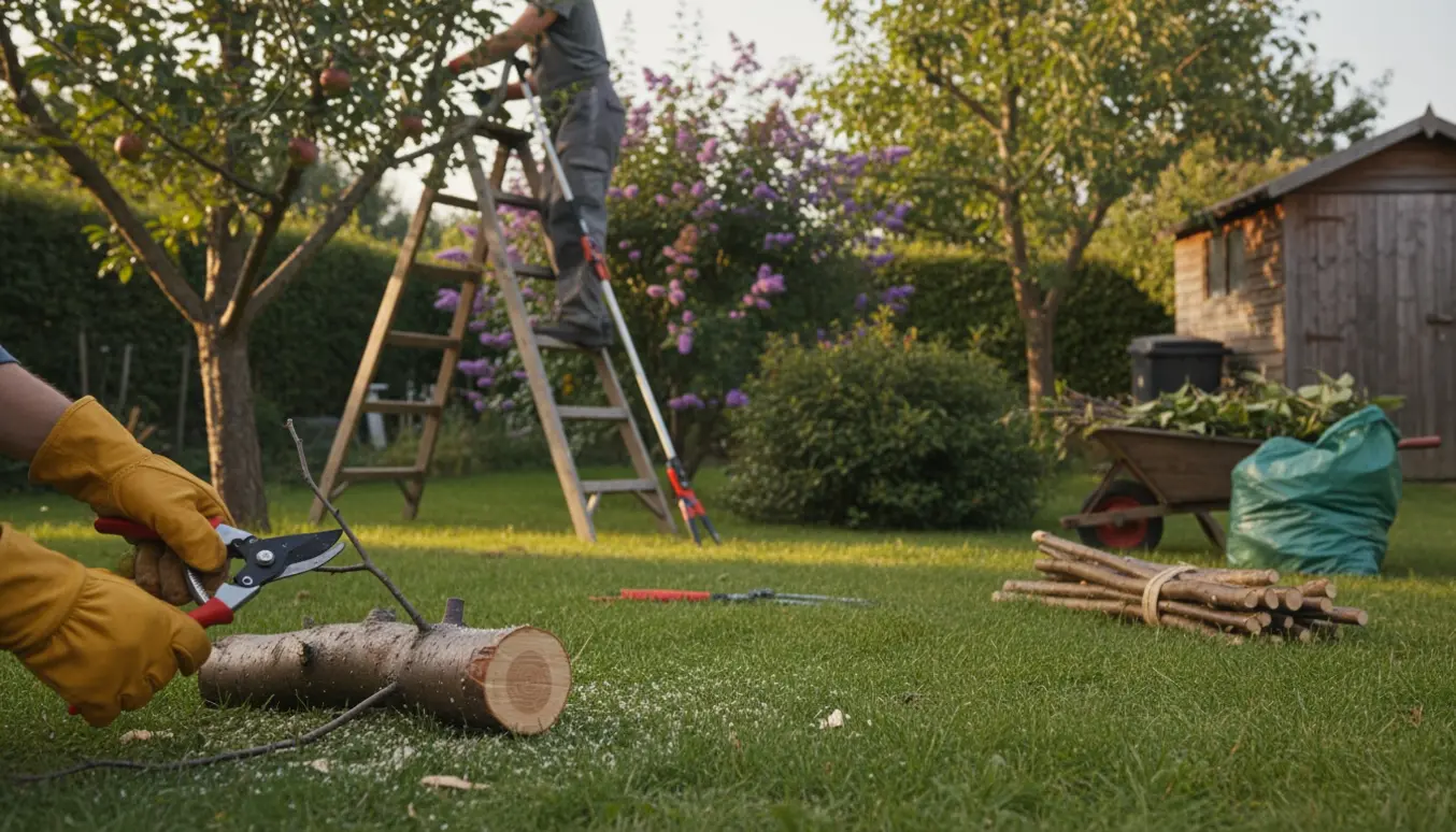 Beskæring af mellemstore frugt- og nødtræer i have med værktøj og en trillebør fyldt med afklip.