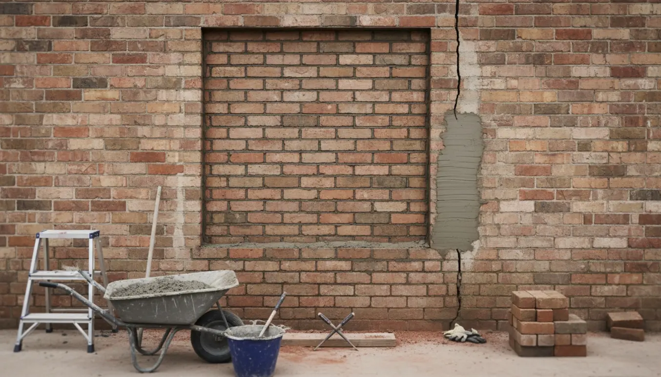 Ny muret vinduesåbning med frisk mørtel og lappet revne på værkstedets facade.
