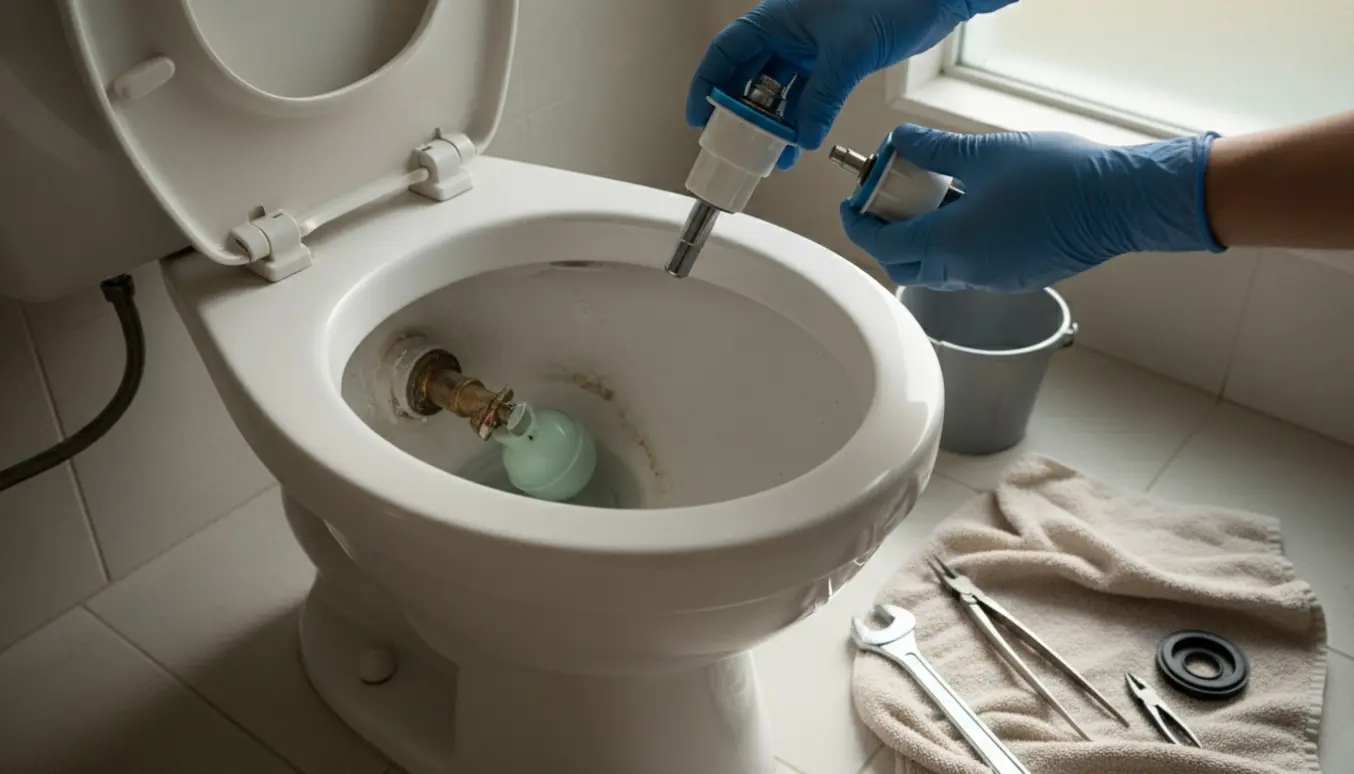 Åbnet toilettank med hænder, der holder en ny påfyldningsventil ved et 15 år gammelt toilet.