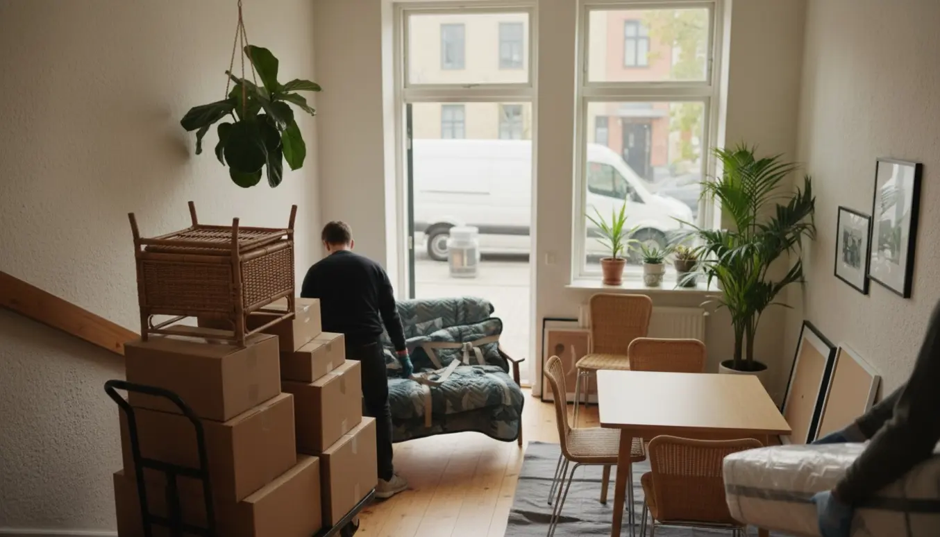 Flyttefolk bærer en sofa og pakker kasser ned ad en opgang mod en flyttevogn, med møbler og planter klar ved fortovet.
