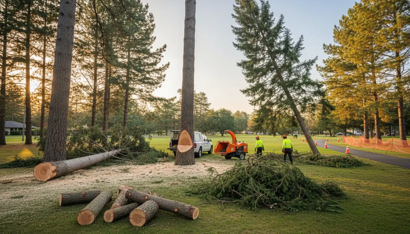 Fældning af tre fyrretræer ved en fælles sti med stakke af grene, en flishugger og en lastbil til bortkørsel.