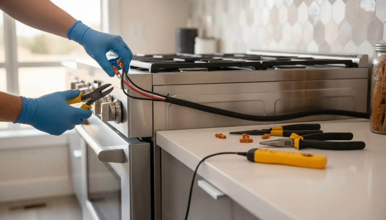 Hænder med isolerede handsker forbinder en løs ledning fra væggen til et komfur i et moderne køkken.