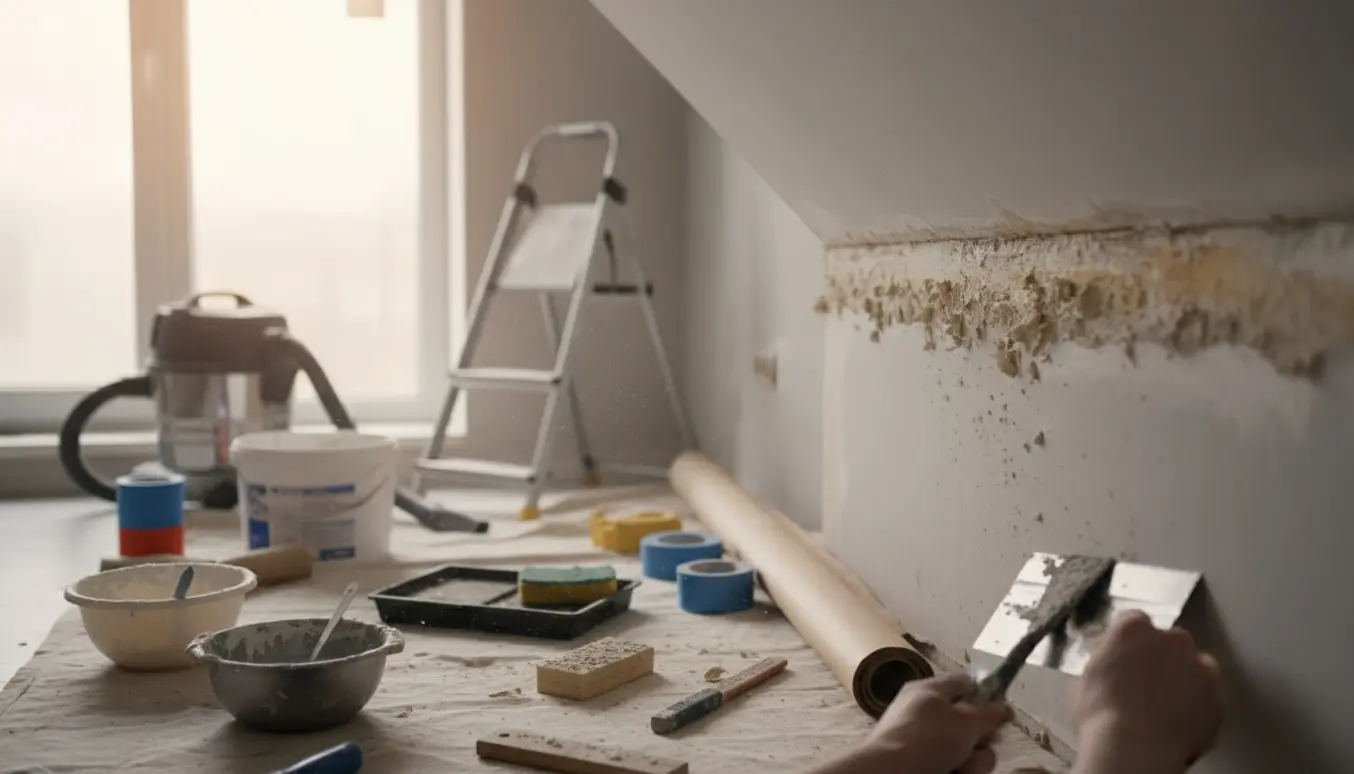 Hænder fjerner tørret lim fra en cirka 15 cm bred samling mellem væg og loft i et oplyst renoveringsrum.