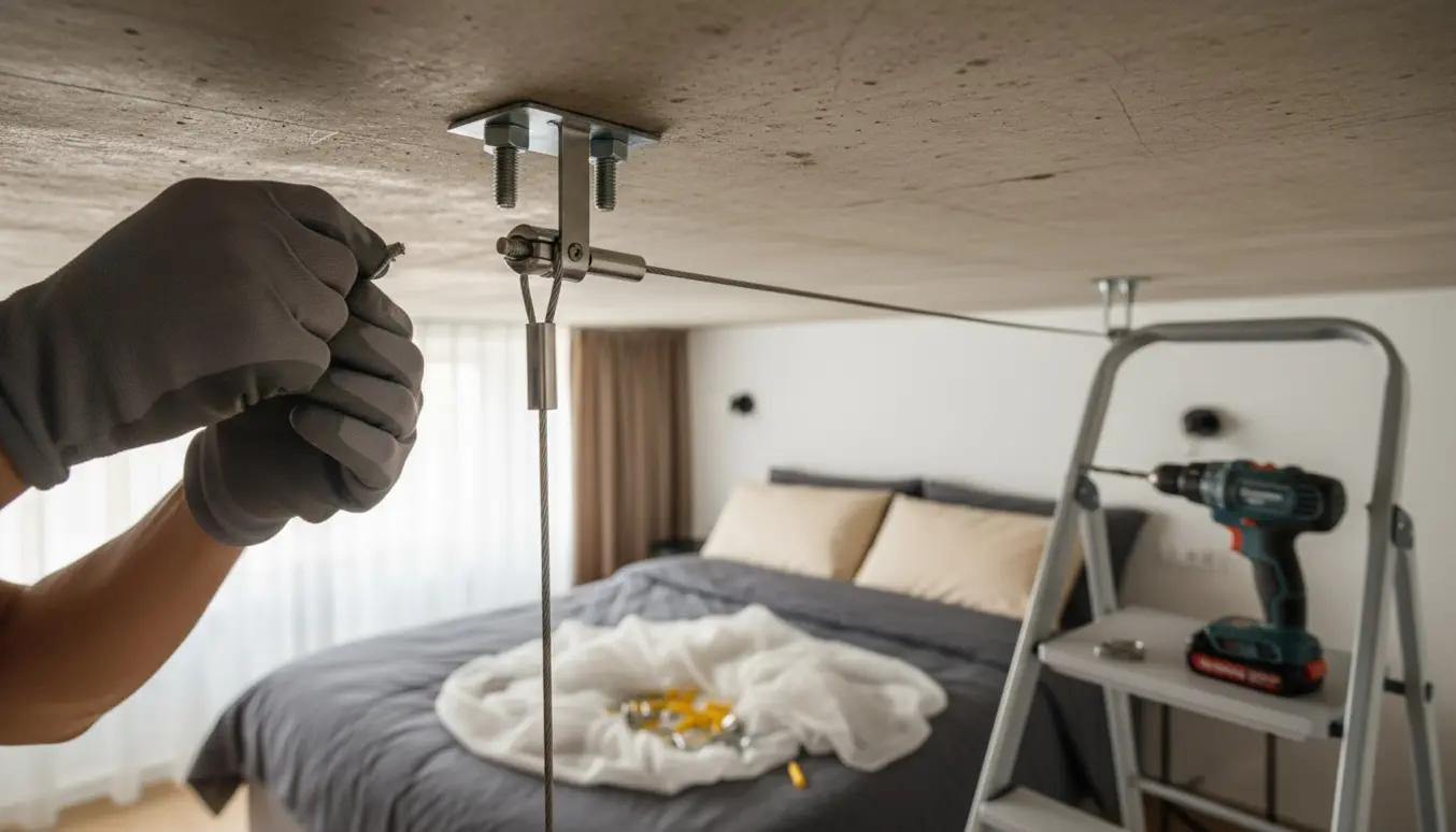 Hænder monterer stålwire og beslag i et betonloft over en seng i en lille lejlighed.