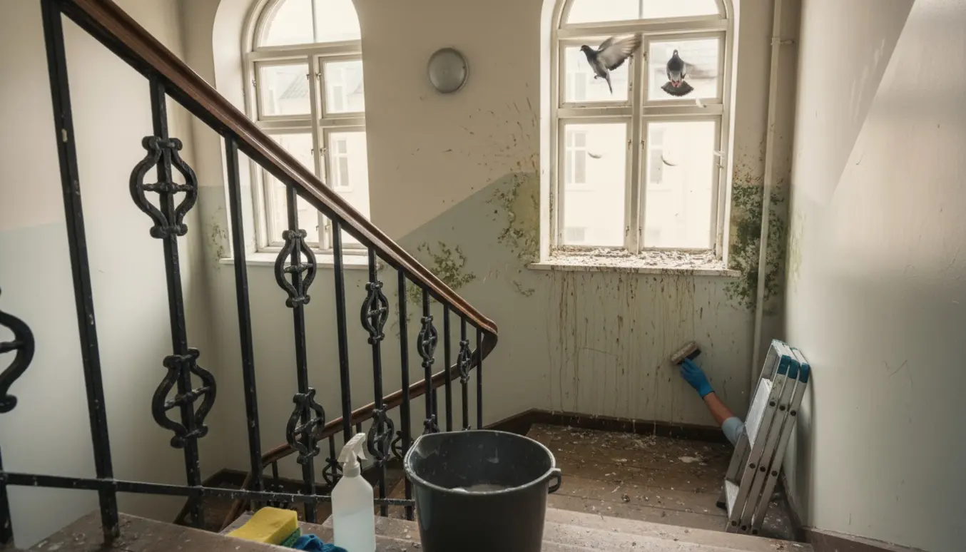 Rengøring af en treetagers trappeopgang med skimmel på væggen og fugleklatter på vindueskarmen.