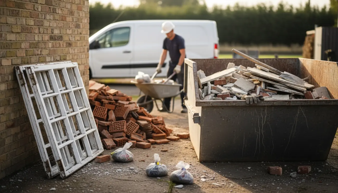 Byggeaffald ved et hus med tre vinduesrammer og en bunke tegl, mens en arbejder læsser materialer i en container.