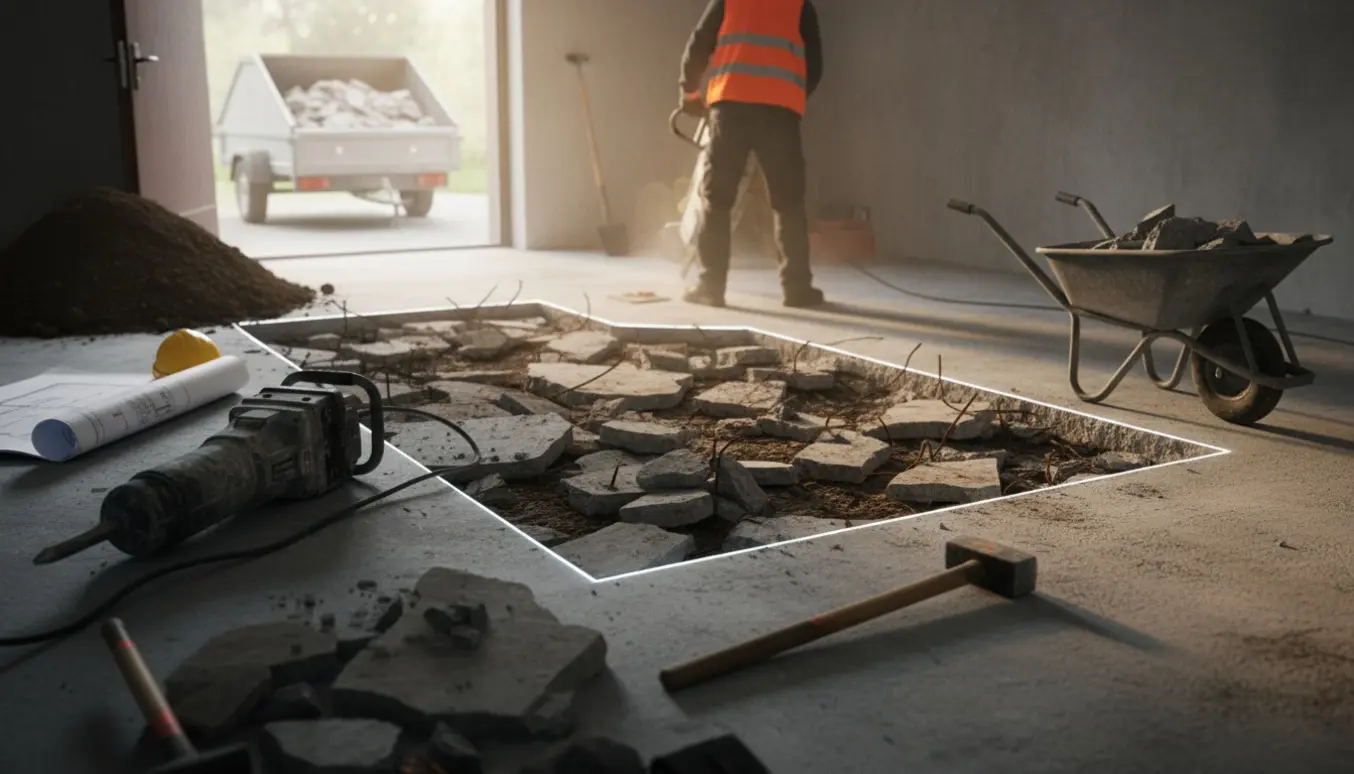 Opbrudt betongulv i en kælder med betonklumper, værktøj og trailer udenfor.