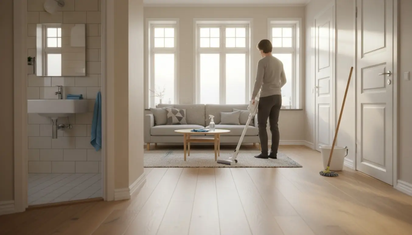 Lys nordisk entré med støvsuger, moppe og rengøringsmidler foran et nyrent badeværelse.