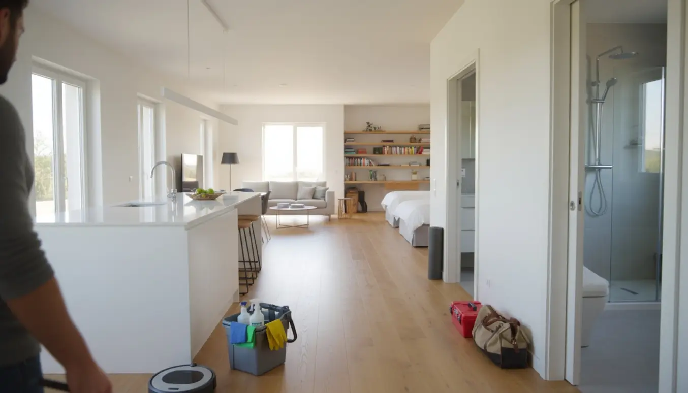 Støvsuger og rengøringsudstyr i en lys villagang efter ugentlig rengøring.