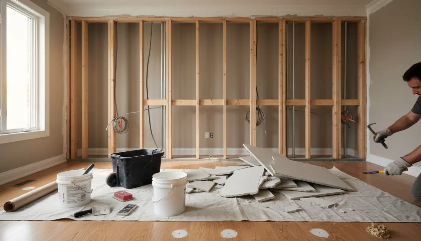 Nedtaget gipsvæg i en stue med eksponerede stolper, sparteludstyr og tre huller i gulvet.